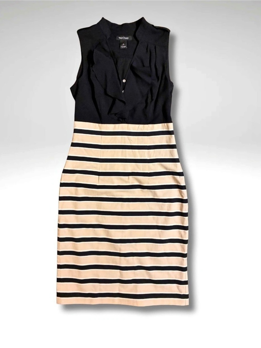 White House Black Market Black Tan Striped Ruffle Twofer Sheath Dress Size 2
